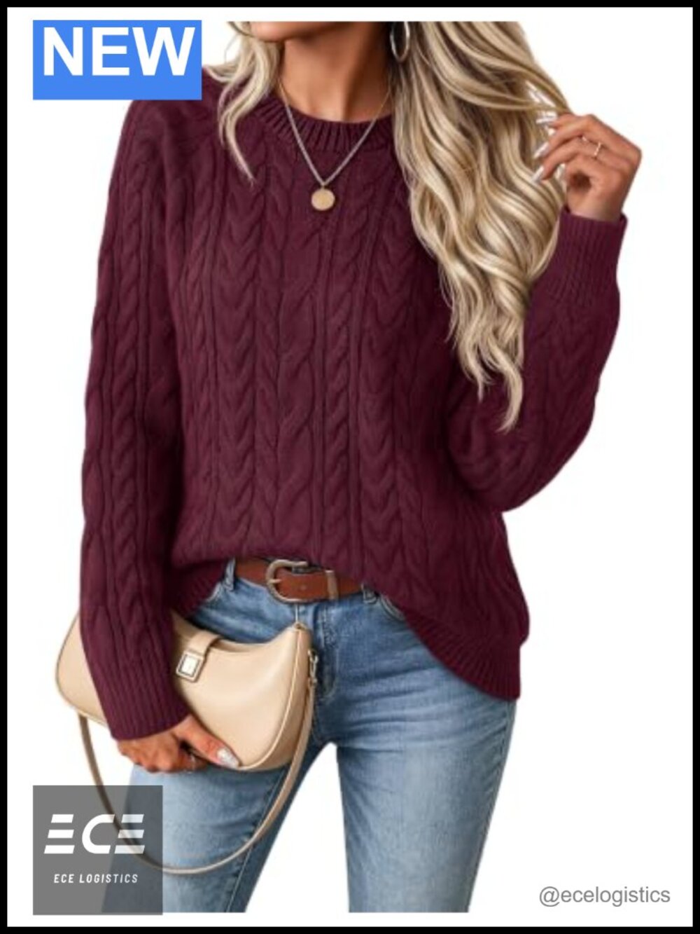 Cable Knit Pullover Sweater Crew Neck Long Sleeve Acrylic Nylon